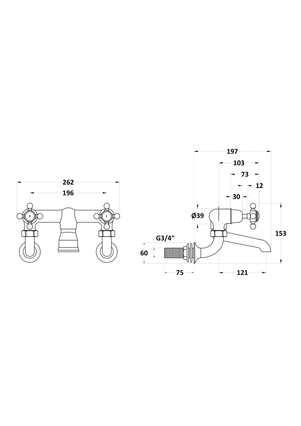 Elegant bathroom tap with traditional design, detailed technical drawing, and measurements for Bubly Bathrooms. Perfect for classic bathroom renovations and plumbing installations.