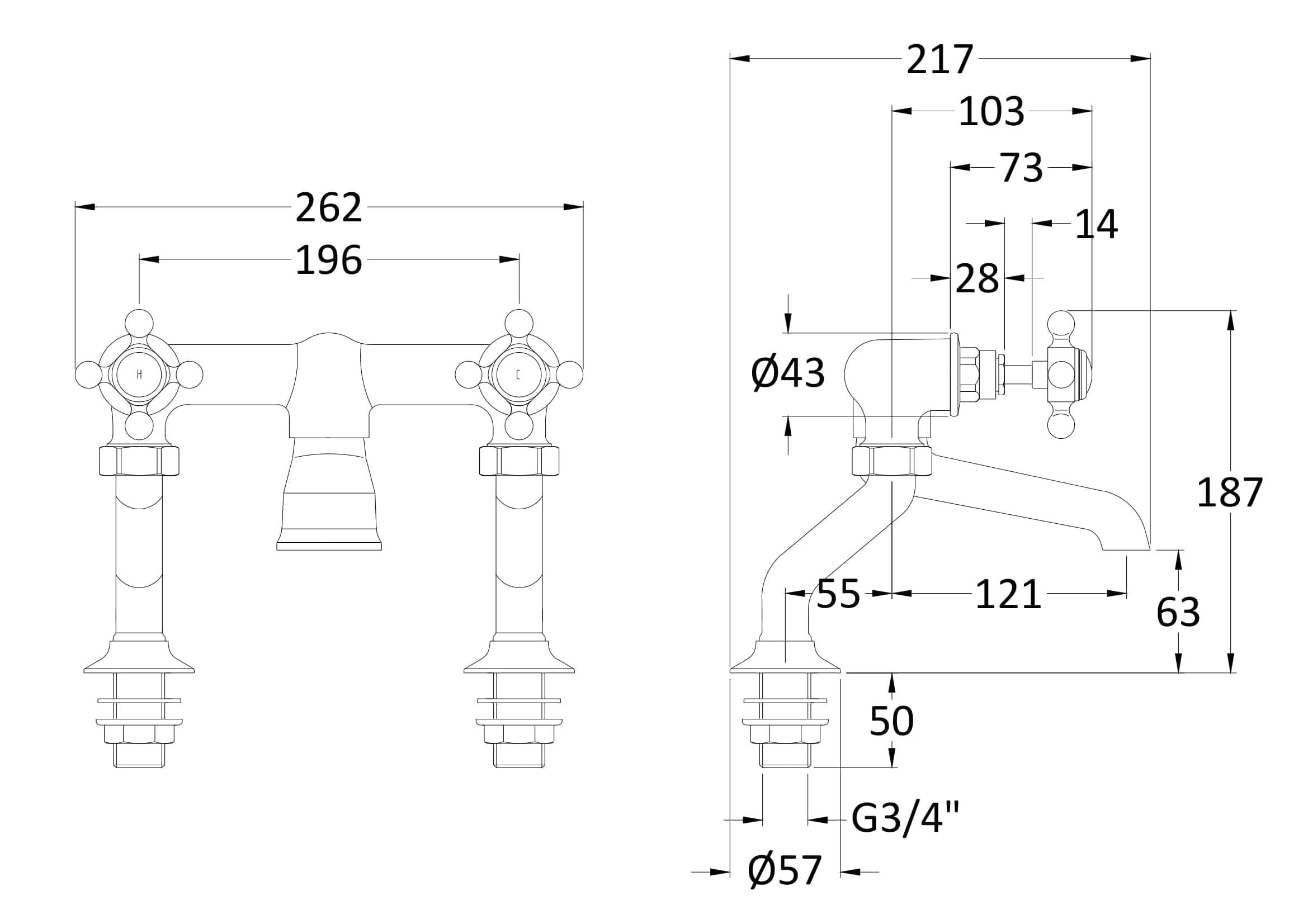 Modern bathroom mixer tap with detailed technical measurements for plumbing installation, suitable for classic and contemporary bathroom designs.