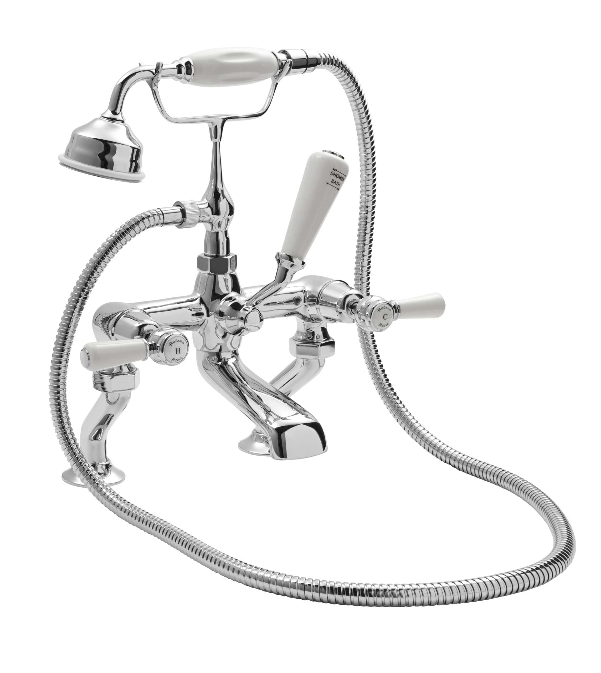 Polished chrome vintage bathtub mixer tap with handheld shower head and flexible hose, suitable for classic bathroom designs.