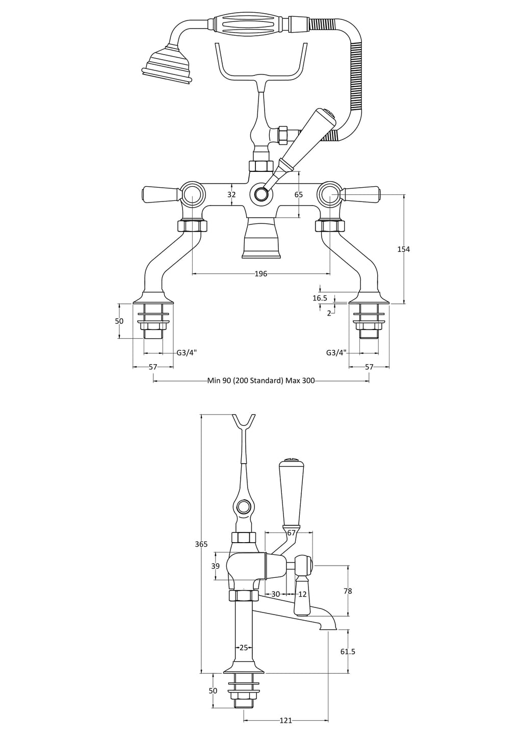 High-quality bathroom mixer tap with detailed technical drawing, showcasing installation dimensions and plumbing fittings, ideal for modern bathroom renovations and plumbing projects.