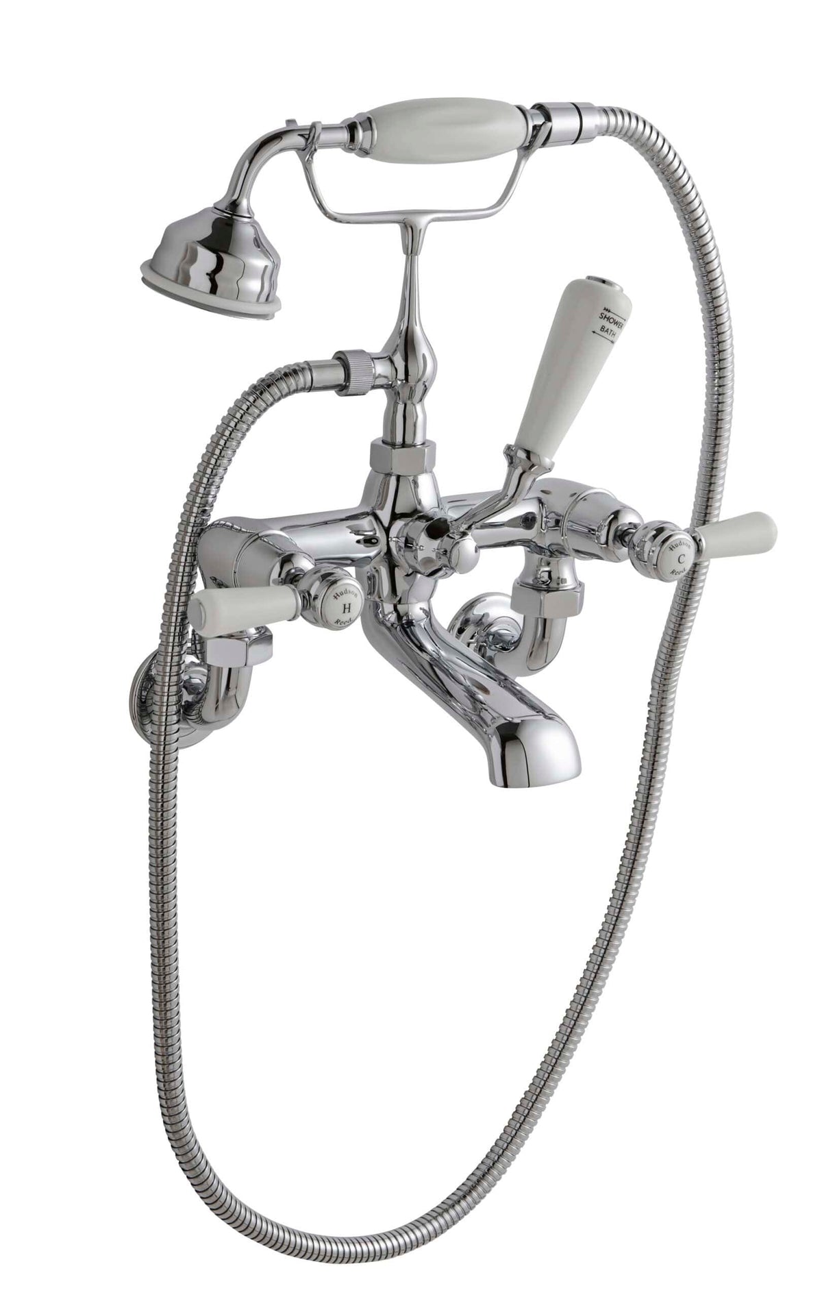 Shower bath mixer tap with handheld shower head and flexible hose in chrome finish, ideal for luxury bathroom installations for Bathtub or shower combination.