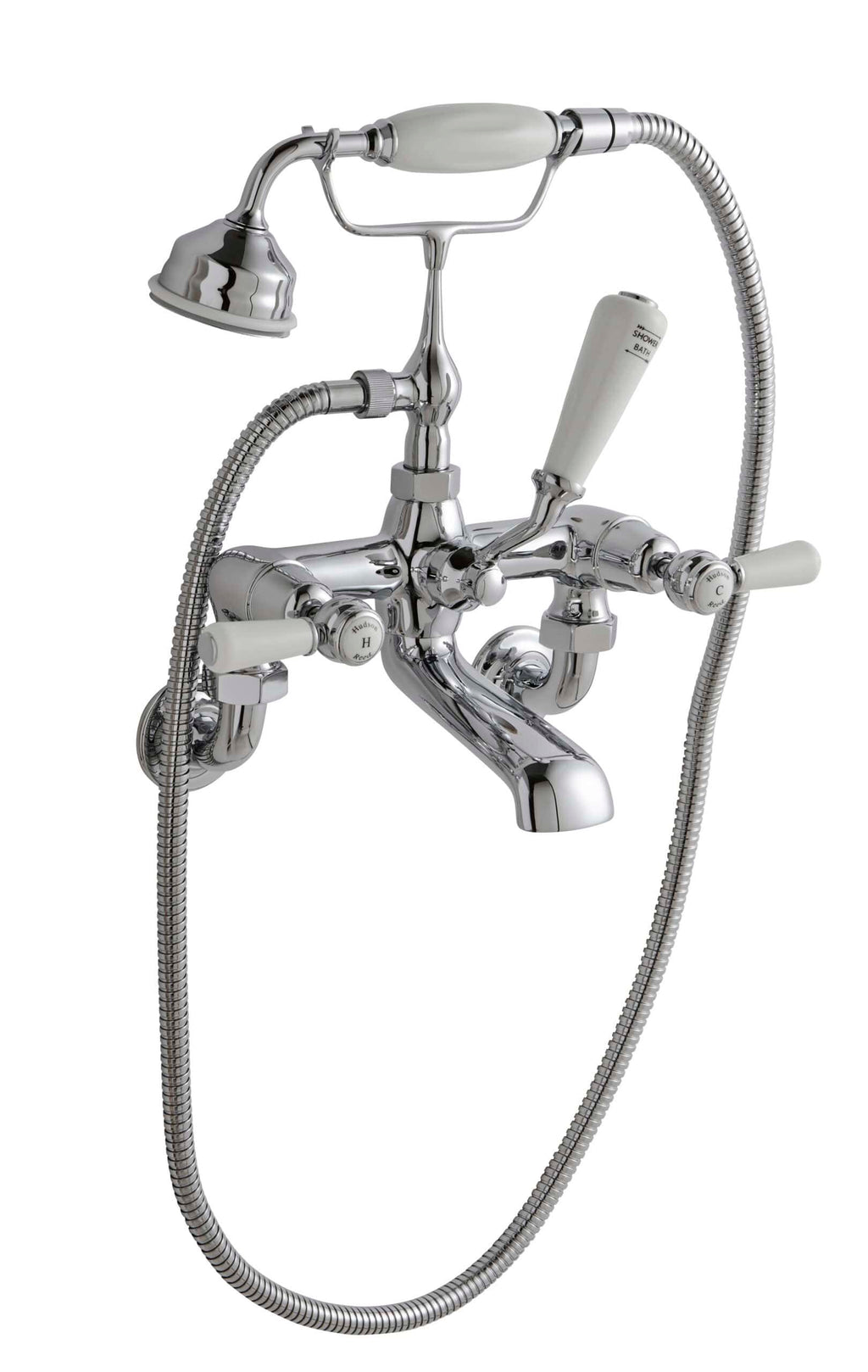 Shower bath mixer tap with handheld shower head and flexible hose in chrome finish, ideal for luxury bathroom installations for Bathtub or shower combination.
