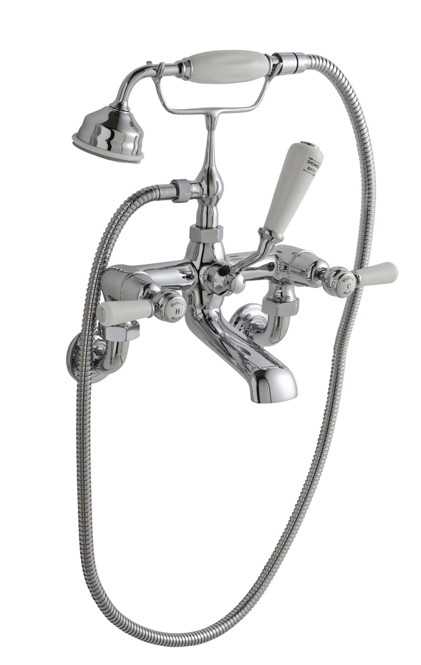 Shower bath mixer tap with handheld shower head and flexible hose in chrome finish, ideal for luxury bathroom installations for Bathtub or shower combination.
