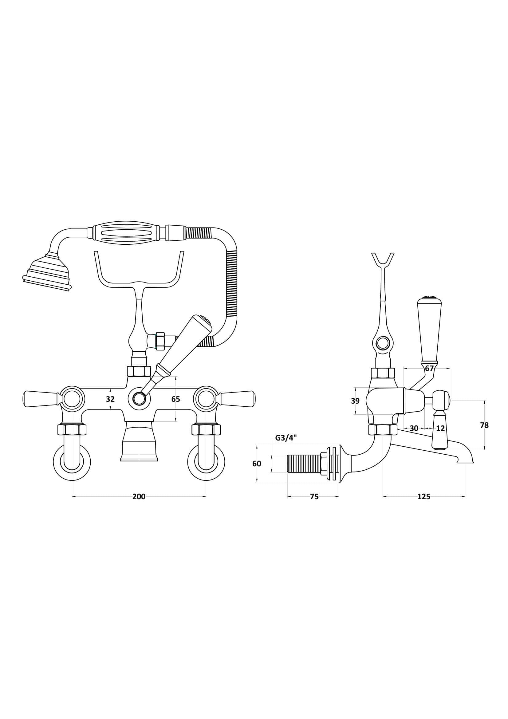 Flexible bathroom tap fitting, technical drawing, plumbing components, dimensioned schematic for Bubly Bathrooms.