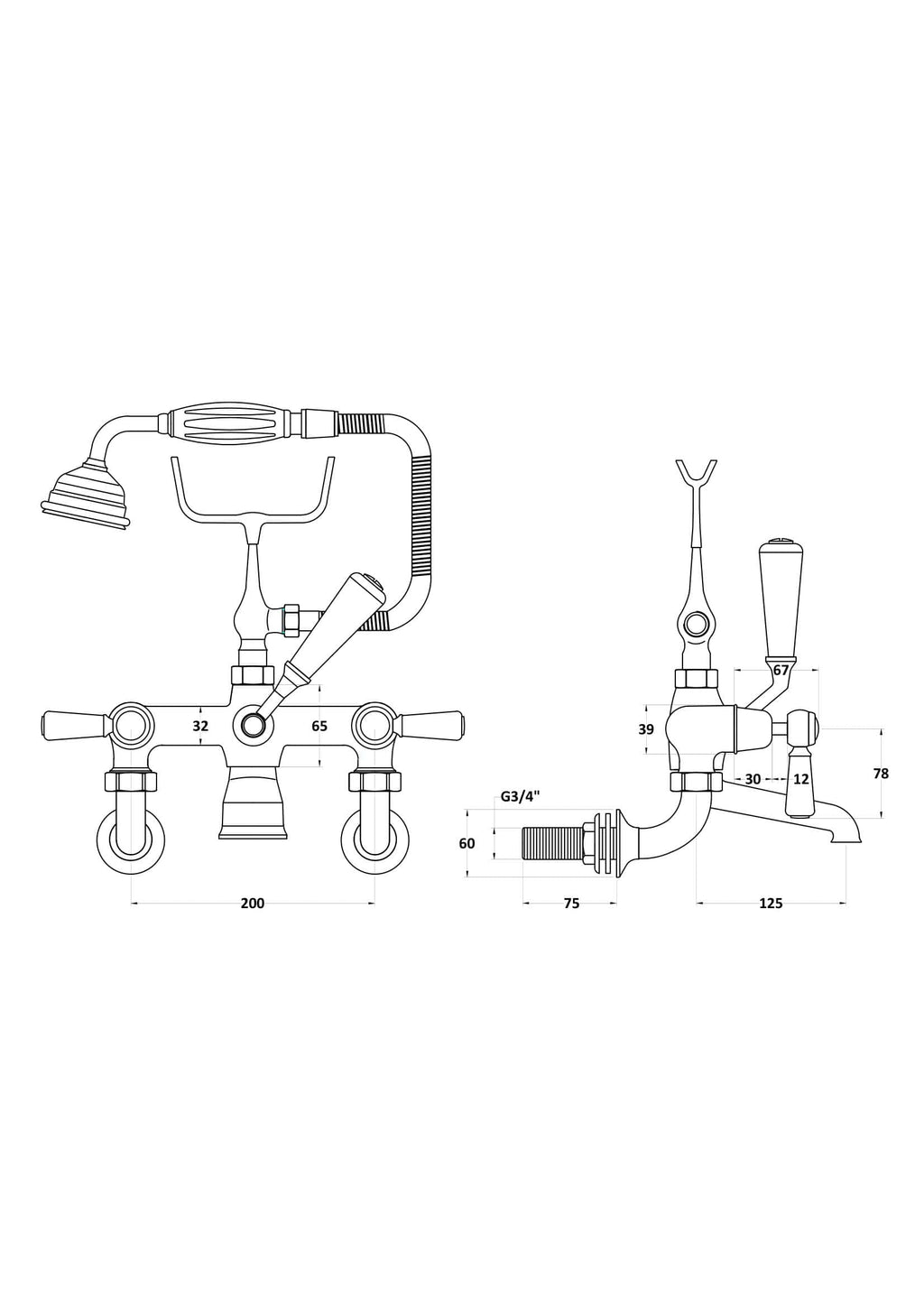 Flexible bathroom tap fitting, technical drawing, plumbing components, dimensioned schematic for Bubly Bathrooms.