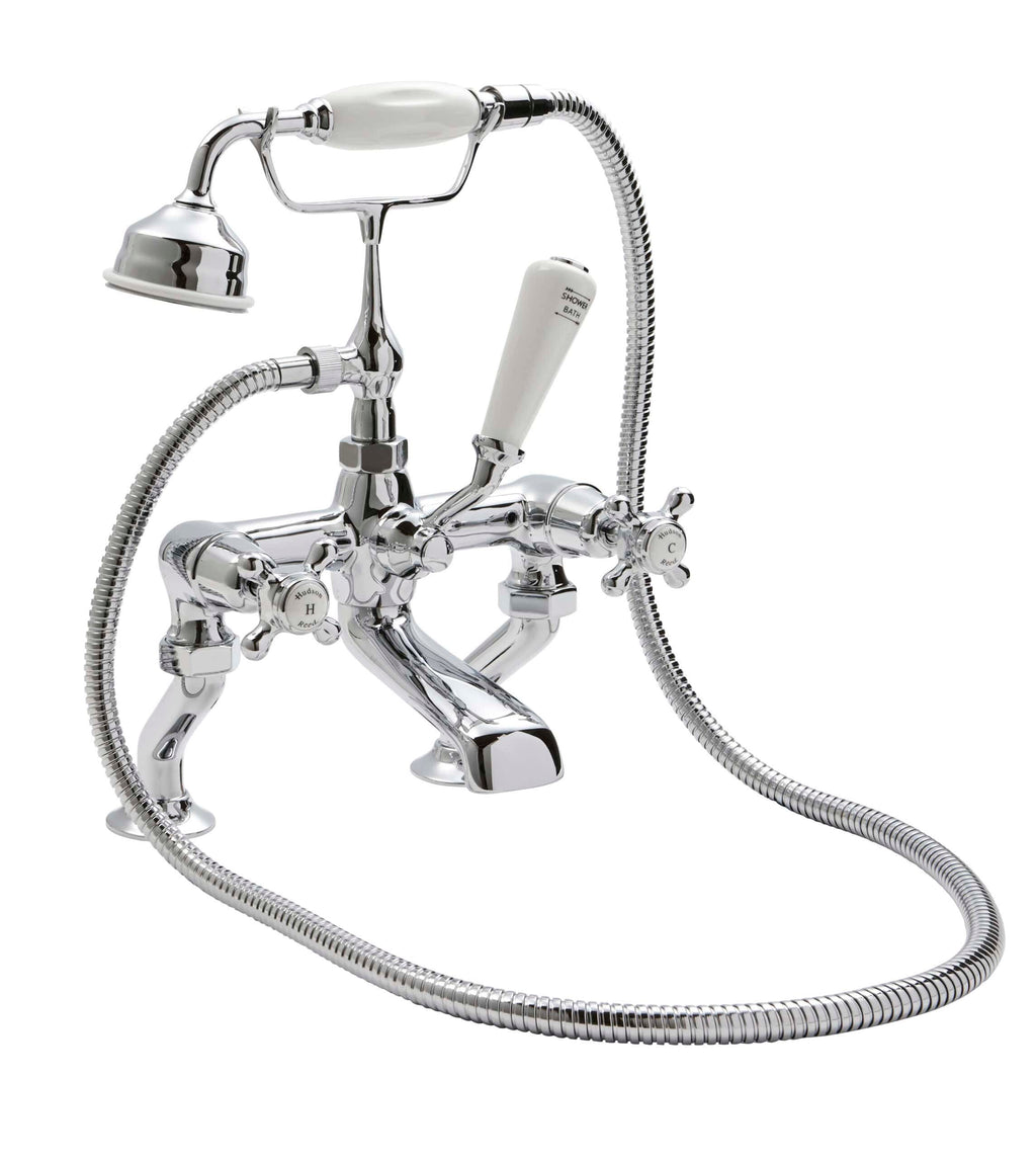 Shower bath mixer tap with handheld shower head, chrome finish, vintage style, suitable for modern and classic bathrooms, provides versatile water control for baths and showers.