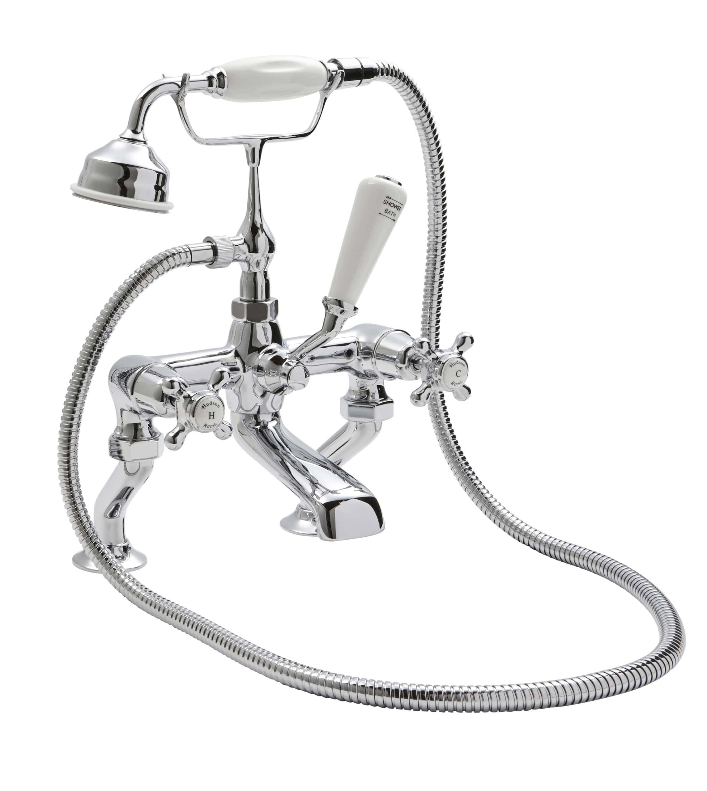 Shower bath mixer tap with handheld shower head, chrome finish, vintage style, suitable for modern and classic bathrooms, provides versatile water control for baths and showers.