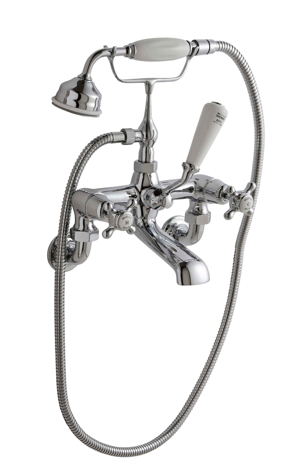 Polished chrome vintage-style bathtub tap with handheld shower head and flexible hose, suitable for traditional bathrooms.