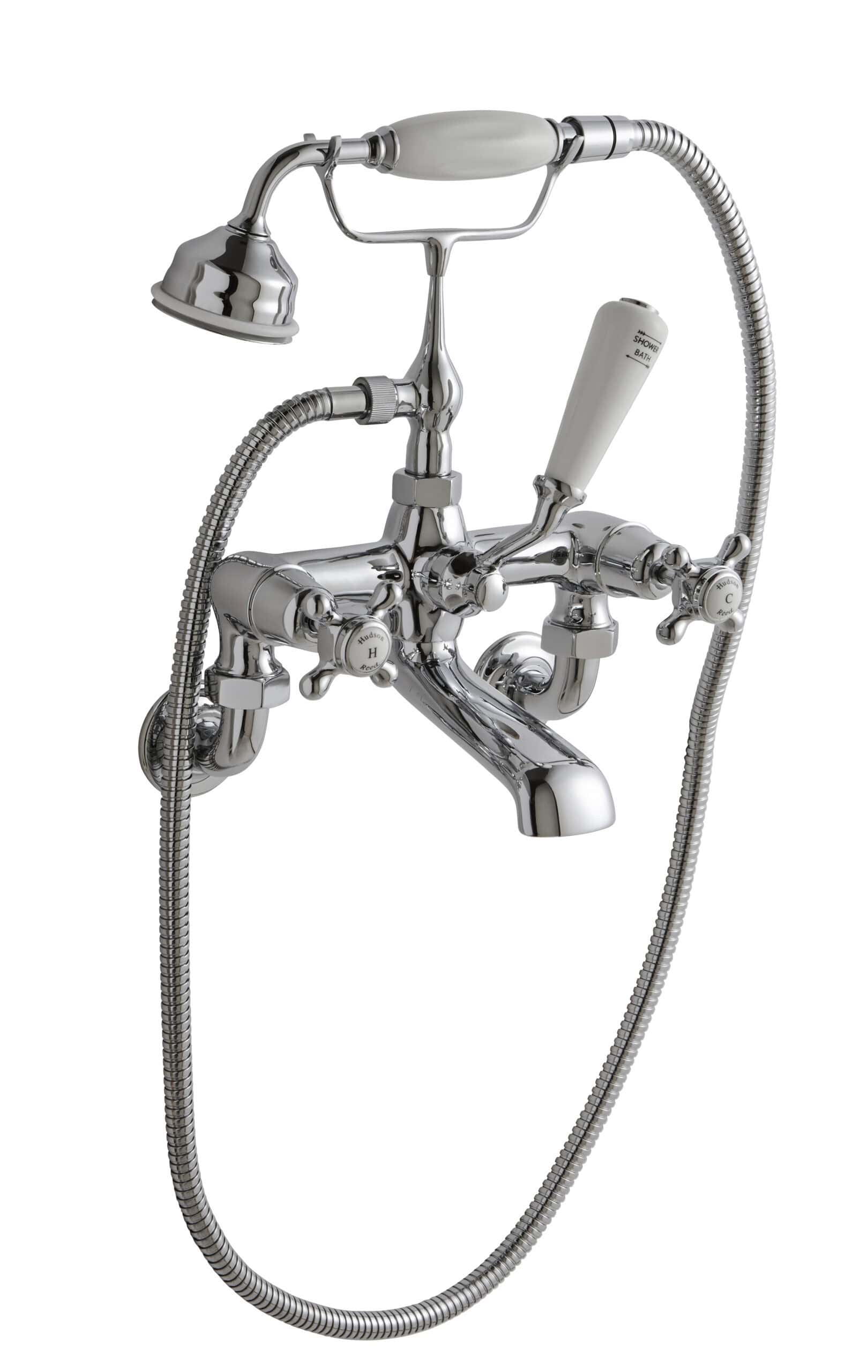 Polished chrome vintage-style bathtub tap with handheld shower head and flexible hose, suitable for traditional bathrooms.