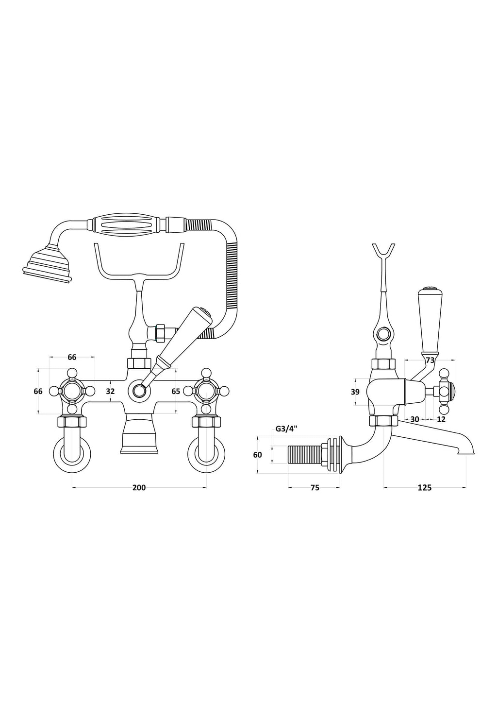 High-quality bathroom tap and shower fixture technical drawing from Bubly Bathrooms, showcasing dimensions and plumbing details for bathroom renovation and installation.