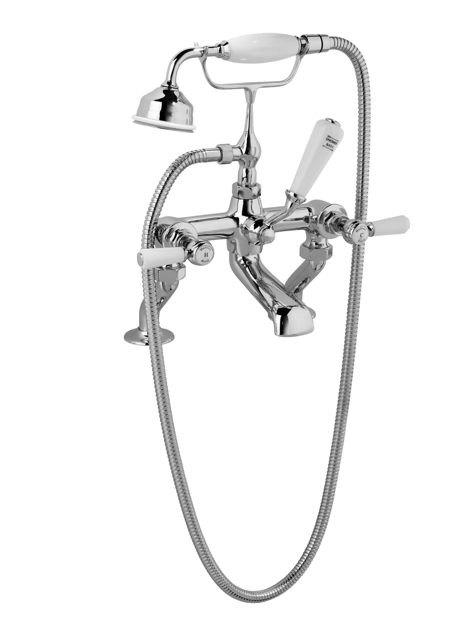 Polished chrome vintage bath shower mixer tap with handheld shower head and flexible hose for luxurious bathroom showering experience.