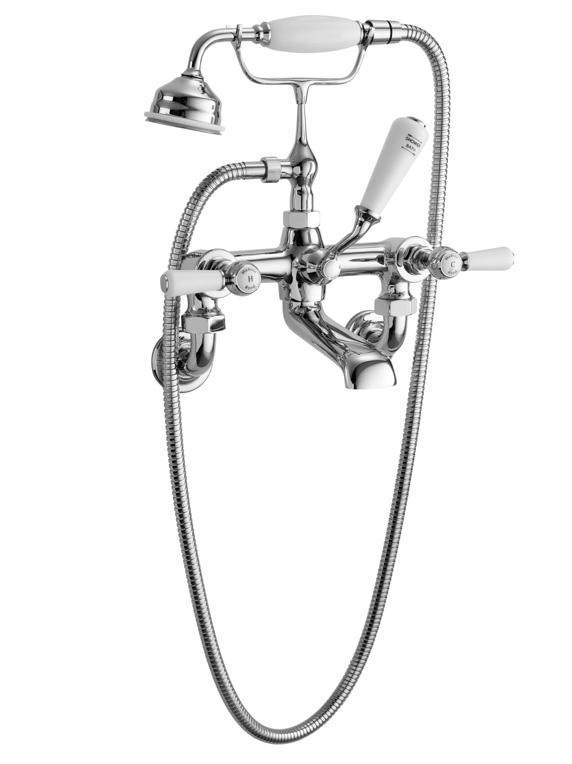 Modern chrome bath shower mixer tap with handheld showerhead and flexible hose for luxurious bathroom use.