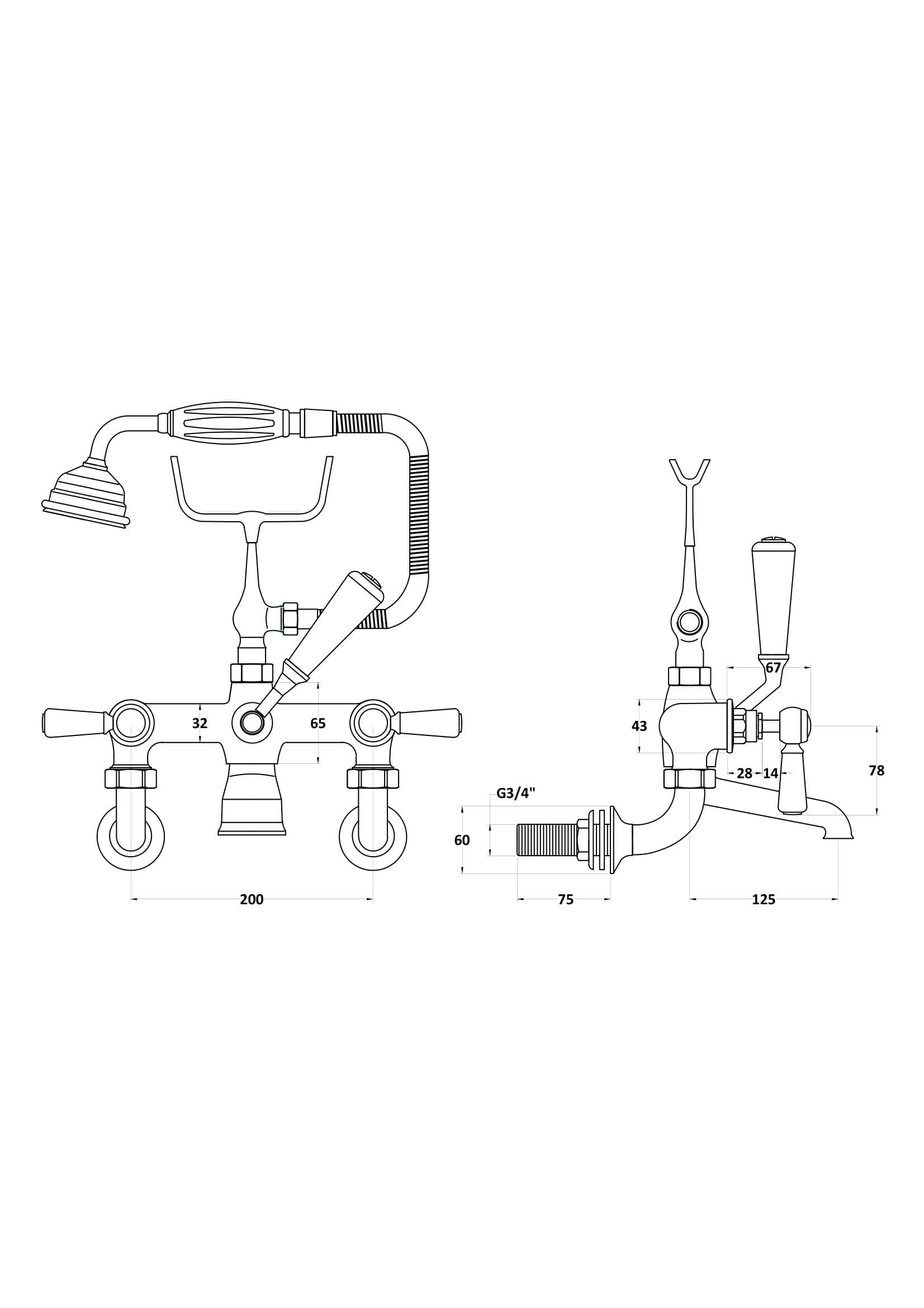 High-quality technical drawing of bathroom plumbing fixtures, including taps and shower components with detailed measurements for bathroom renovation or installation services.