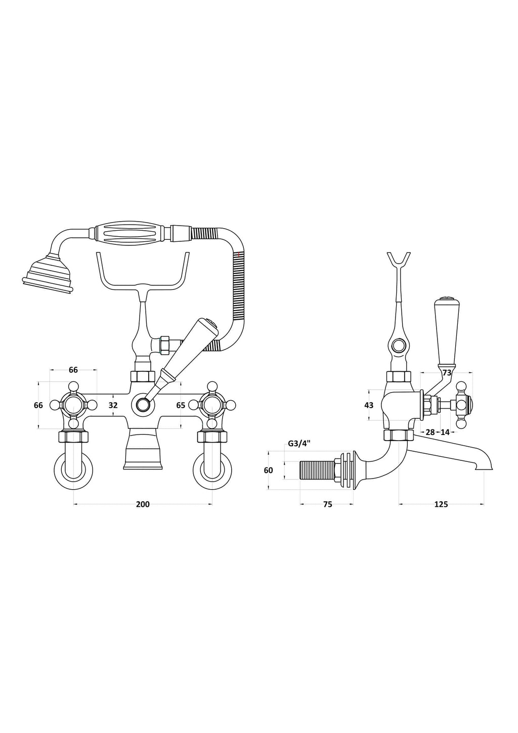 Elegant bathroom tap and shower fixture with detailed measurements, perfect for Bubly Bathrooms' modern bathroom renovation and installation projects, ensuring durability and style.