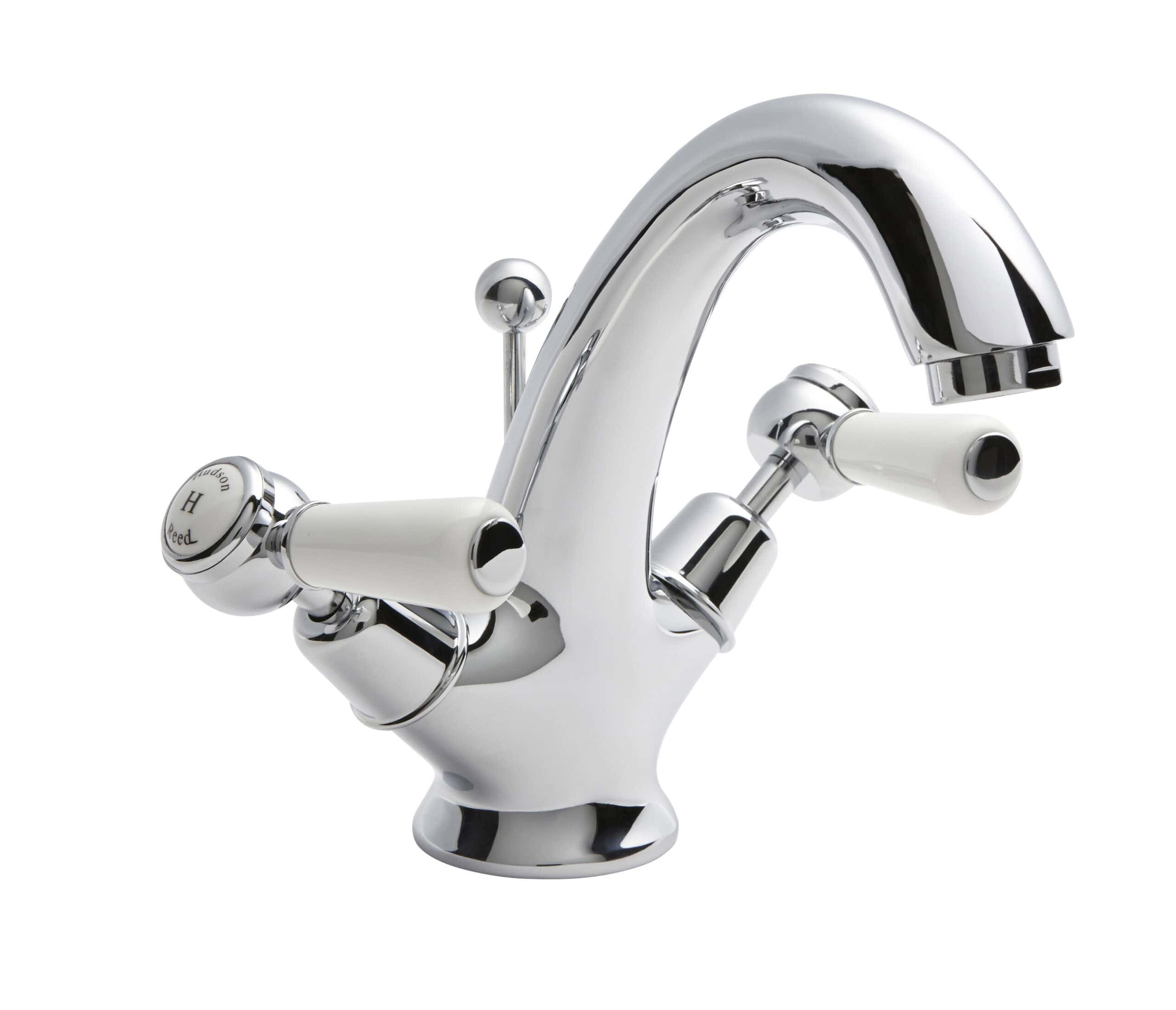 Chrome bathroom mixer tap with white ceramic handles and sleek design, ideal for modern bathrooms, combining style and functionality for optimal water control.