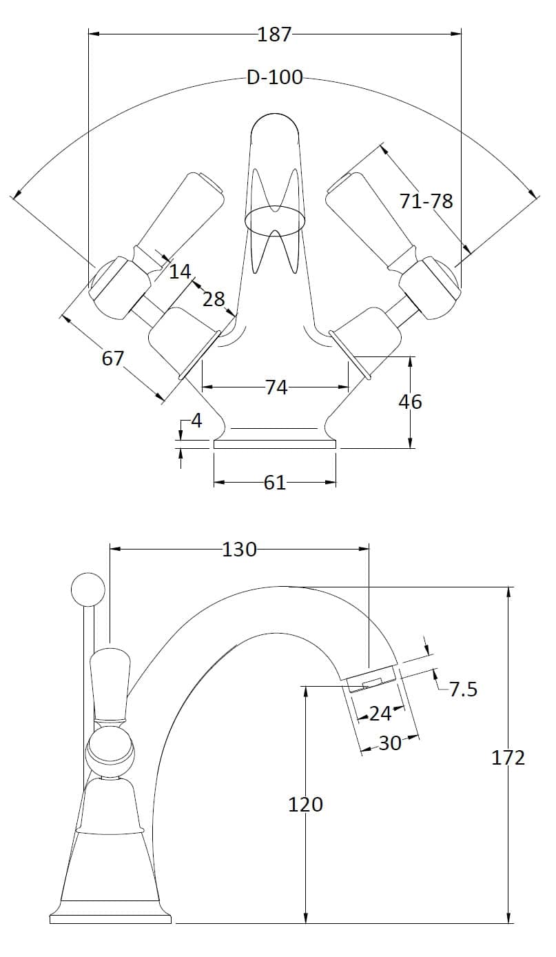Flexible kitchen tap with detailed technical drawing, showcasing dimensions for installation and design specifications for modern bathroom fixtures.