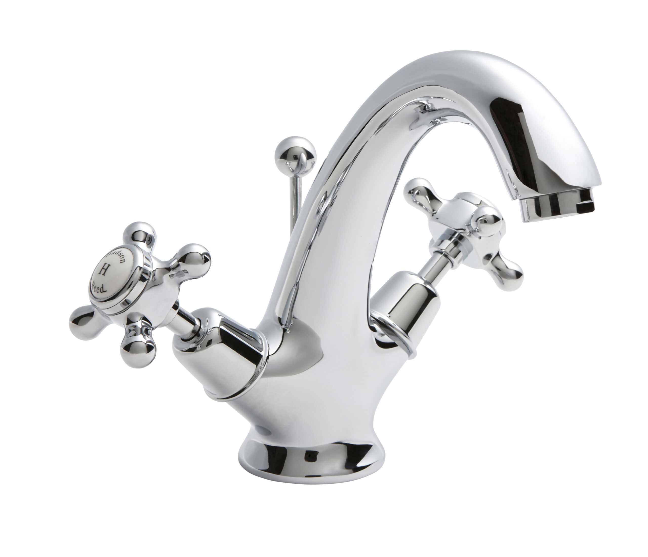 Chrome bathroom tap with dual handles, traditional design, polished finish, suitable for classic or vintage bathroom decor.