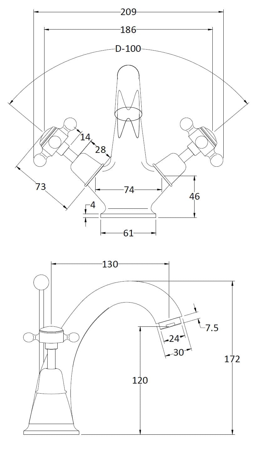 High-quality bathroom tap faucet with detailed technical drawing, showcasing dimensions and design specifications for professional bathroom fixtures. Perfect for plumbing installations.