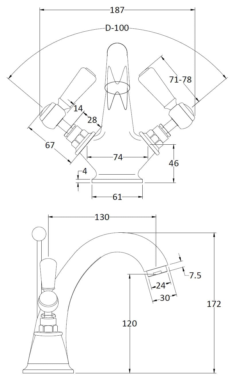 Brass bathroom tap with detailed technical drawing, dimensions, and specifications for installation and design. Perfect for modern bathroom renovation or custom plumbing projects.