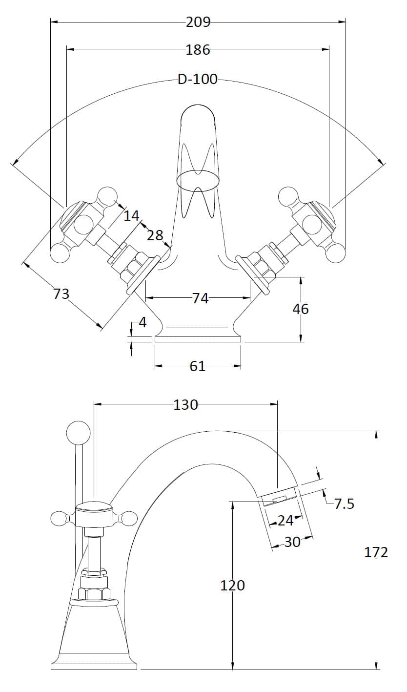 Elegant classic bathroom tap design with precise technical measurements for installation and renovation projects.