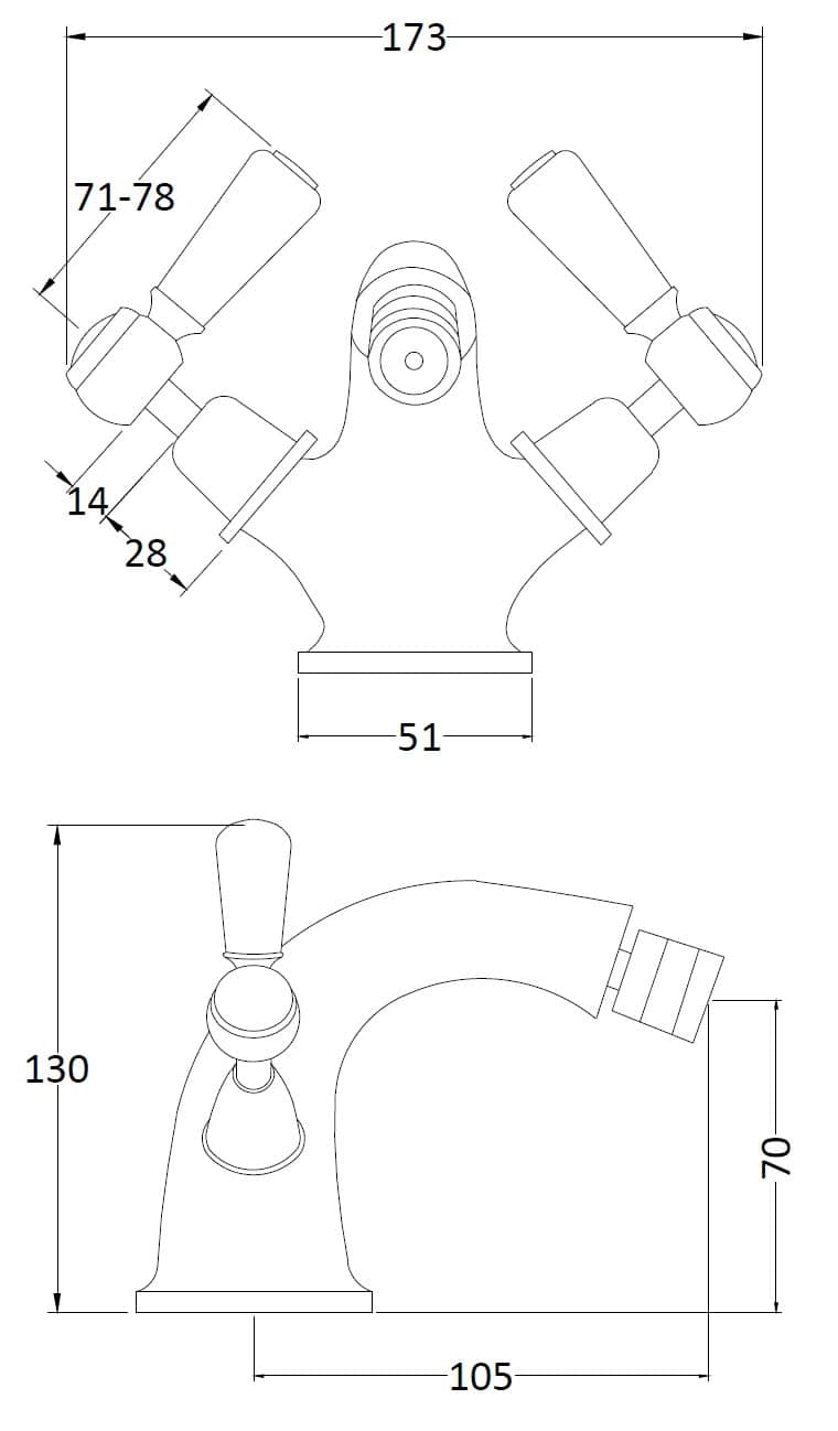 Elegant traditional bathroom tap with dual handles and chrome finish, ideal for classic bathroom designs. Features detailed technical drawings with precise measurements for installation.