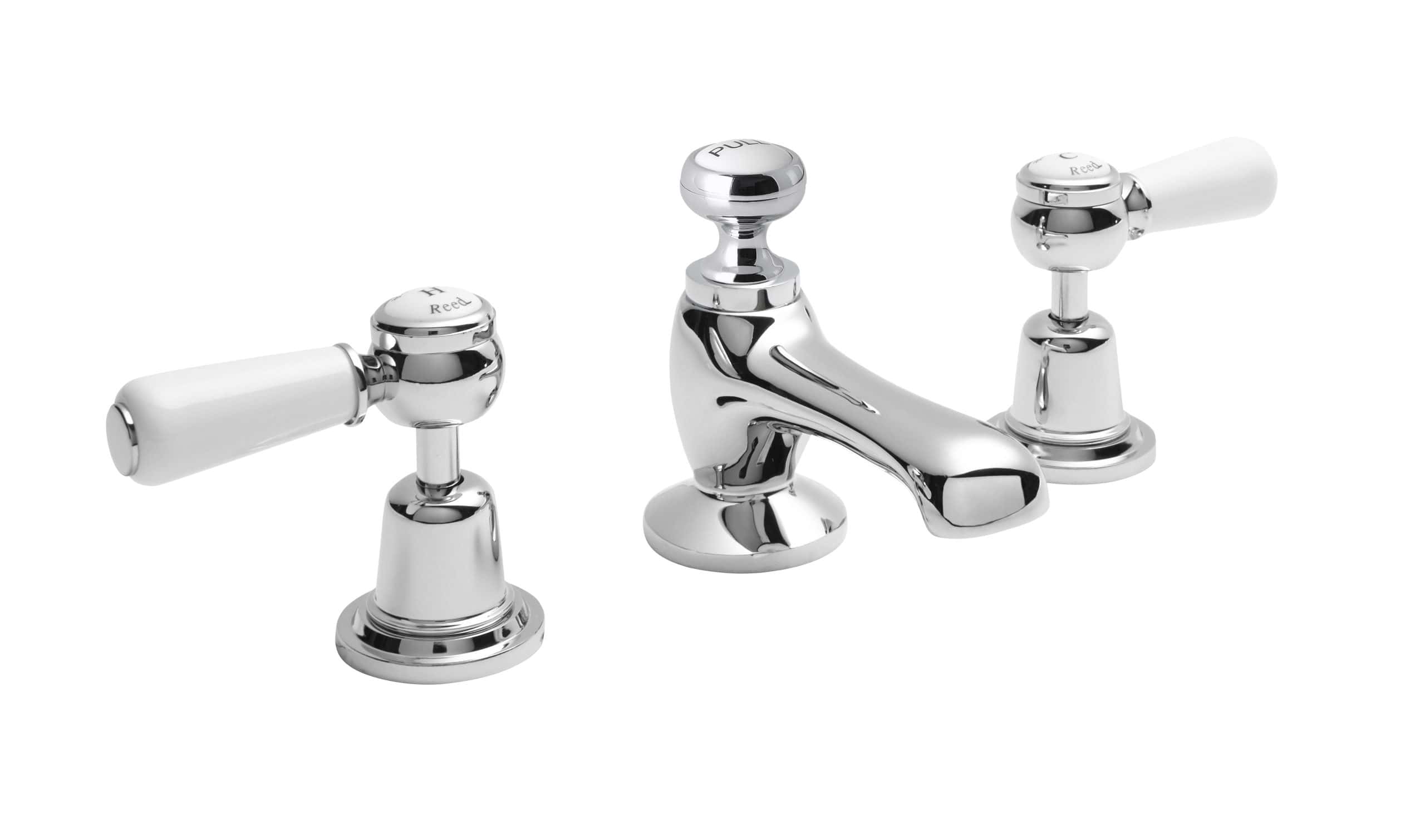 Polished chrome bathroom tap with ceramic lever handles, classic Victorian-style design, ideal for sink or wash basin in traditional and modern bathrooms.