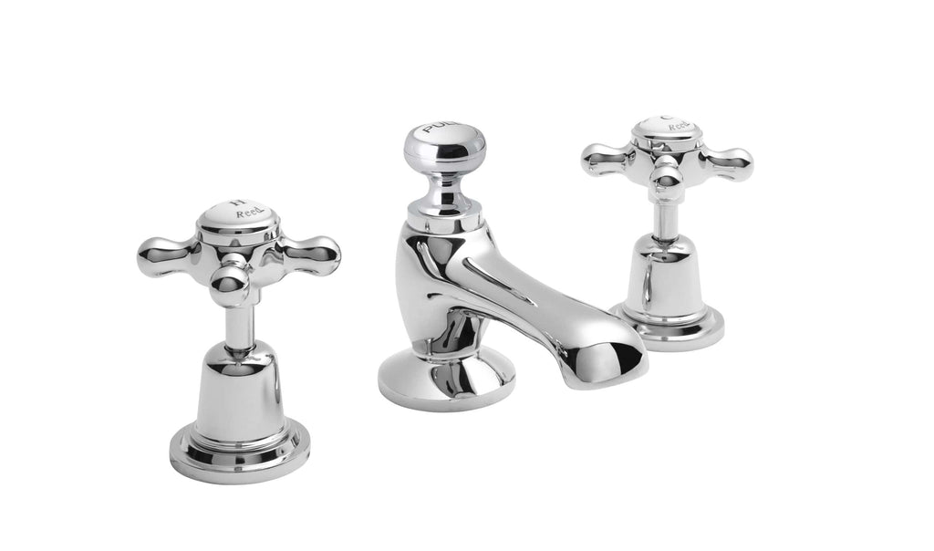 Polished chrome bathroom sink tap with cross handles for hot and cold water, traditional corner mixer style. Perfect for classic and vintage bathroom decor.