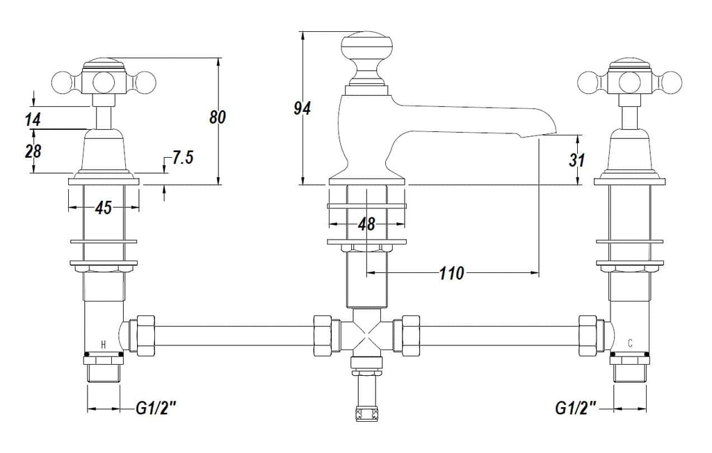 Elegant bathroom tap with detailed technical drawing, showcasing high-quality fixtures and precise measurements, ideal for modern bathroom installations.