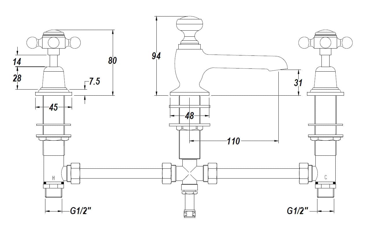 Elegant bathroom tap with detailed technical drawing, showcasing high-quality fixtures and precise measurements, ideal for modern bathroom installations.