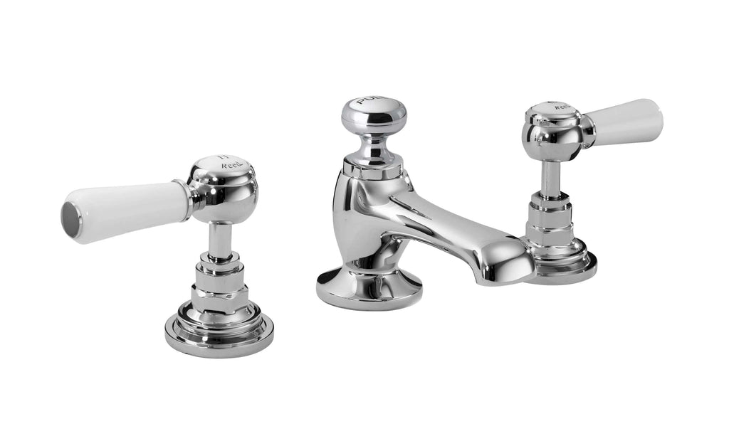 Chrome bathroom tap with white ceramic handles, vintage style faucet for Victorian bathrooms, high-quality plumbing fixtures, Bubly Bathrooms accessories.