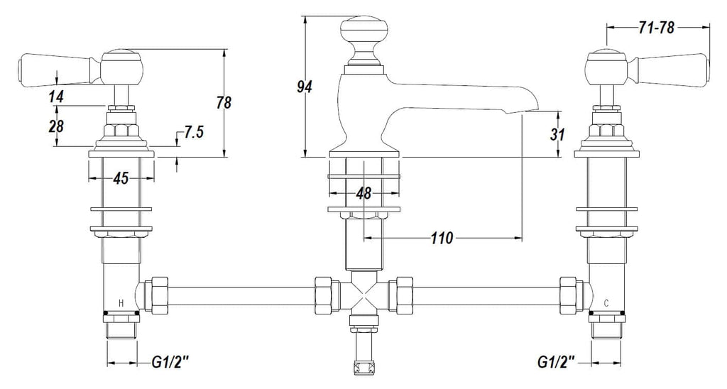 Elegant vintage-style bathroom tap with detailed technical drawing, featuring precise measurements and durable construction, ideal for classic bathroom fixtures and plumbing installations.