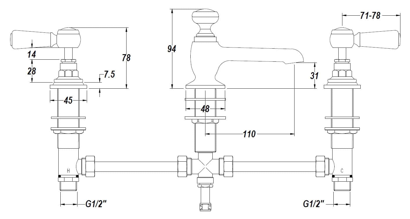 Elegant vintage-style bathroom tap with detailed technical drawing, featuring precise measurements and durable construction, ideal for classic bathroom fixtures and plumbing installations.