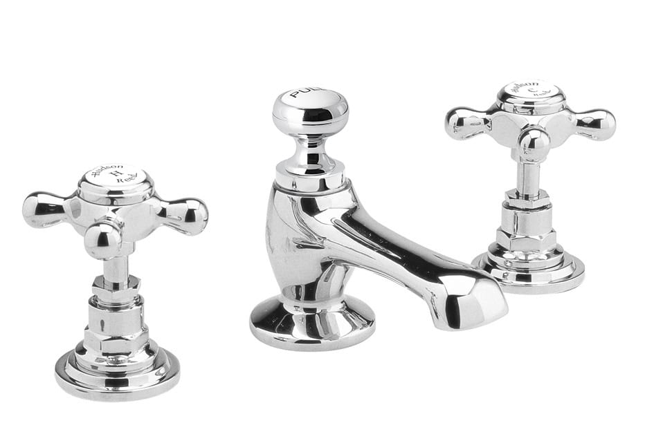 Chrome bathroom tap and cross handle mixer faucets for classic and vintage bathroom decor. Stylish and functional fittings for bathroom sinks and washbasins, available at Bubly Bathrooms UK.