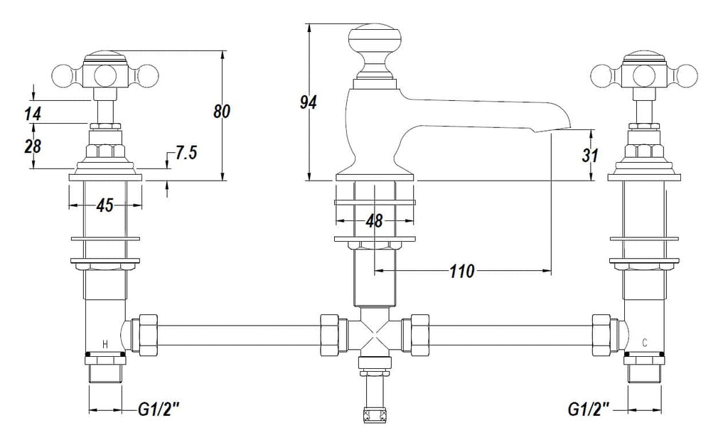 Elegant vintage-style bathroom tap set with cross handles, detailed technical drawing for installation and design, perfect for classic bathroom renovations.
