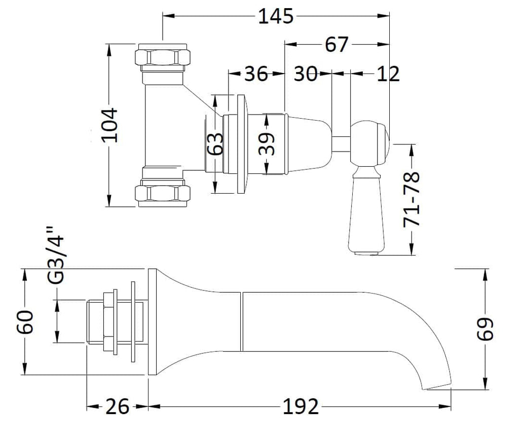 High-quality technical drawing of a bathroom tap with detailed measurements for installation. Perfect for plumbing design, bathroom renovation, and precision DIY projects.