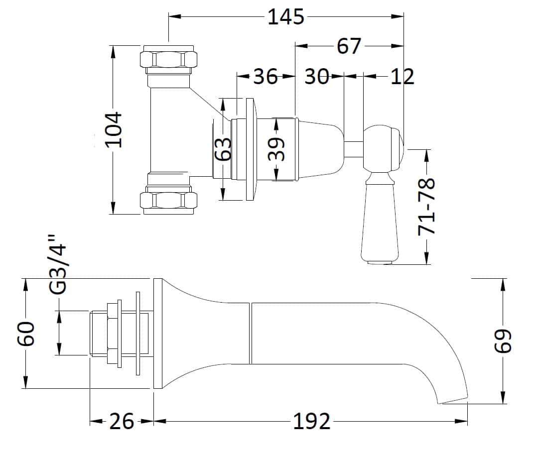 High-quality technical drawing of a bathroom tap with detailed measurements for installation. Perfect for plumbing design, bathroom renovation, and precision DIY projects.
