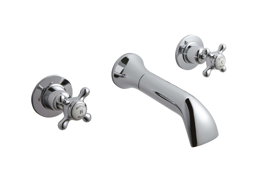Polished chrome bathroom tap with dual cross handles, classic design for traditional baths and sinks. High-quality fixtures by Hudson Reed, durable and stylish for elegant bathroom interiors.