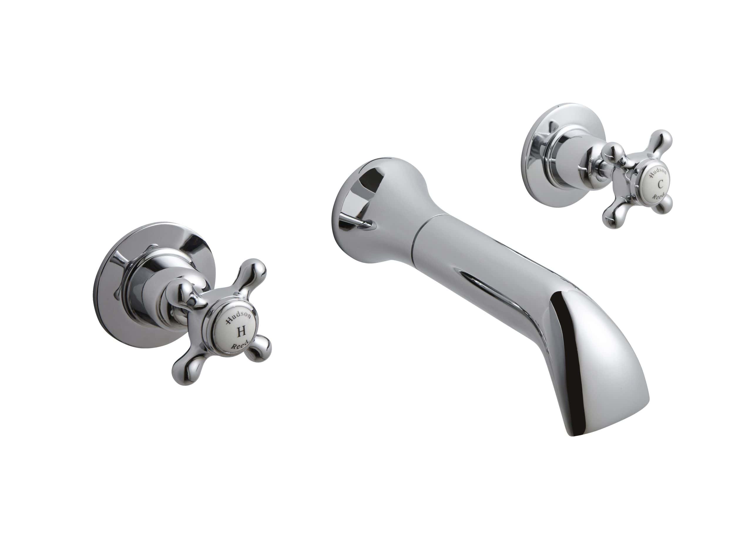 Polished chrome bathroom tap with dual cross handles, classic design for traditional baths and sinks. High-quality fixtures by Hudson Reed, durable and stylish for elegant bathroom interiors.