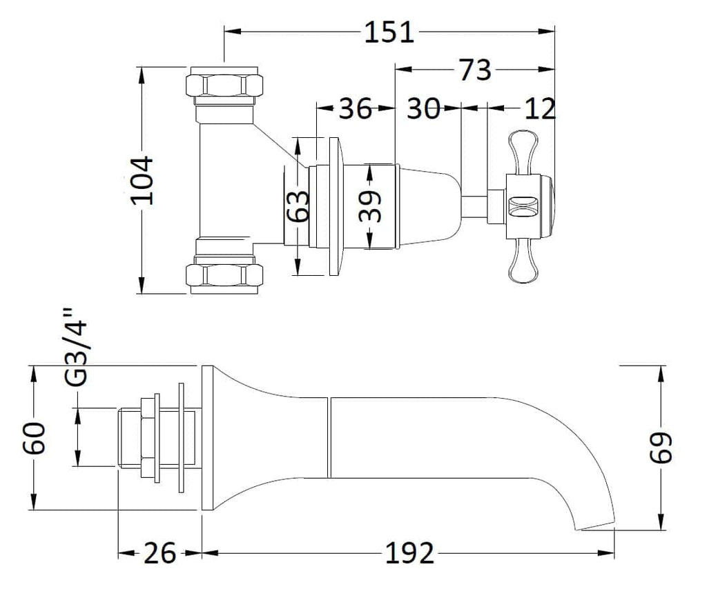 High-quality plumbing tap technical drawing with precise measurements for bathroom installation. Perfect for bathroom renovation projects and accurate fitting.