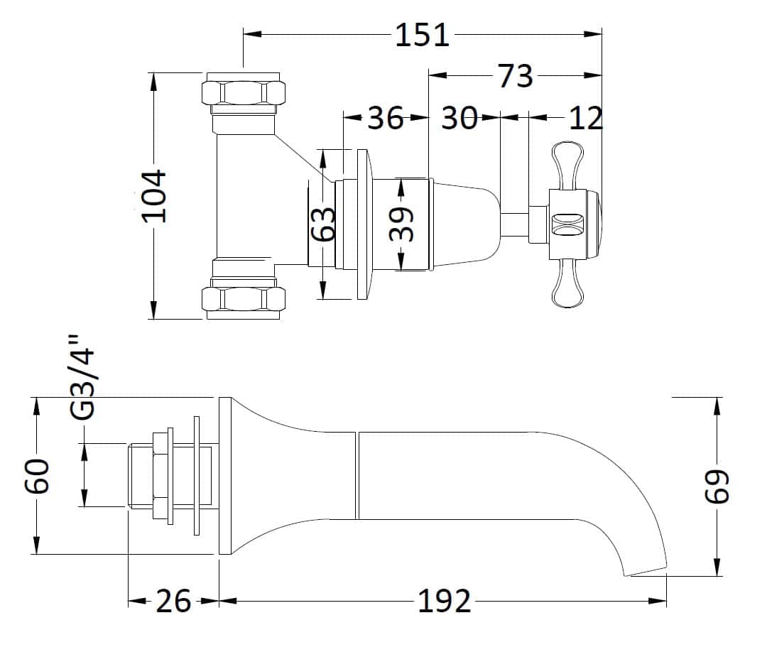 High-quality plumbing tap technical drawing with precise measurements for bathroom installation. Perfect for bathroom renovation projects and accurate fitting.
