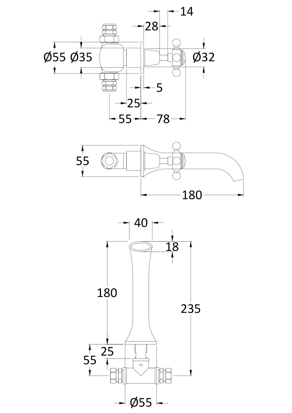 High-quality vintage bathroom tap with detailed technical drawing, featuring precise measurements for plumbing installation. Ideal for traditional bathroom renovation projects.