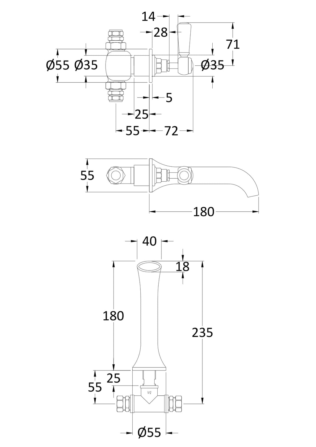 High-quality bathroom mixer tap with detailed technical drawing, including dimensions and fittings, perfect for modern bathroom renovation and plumbing installation projects.