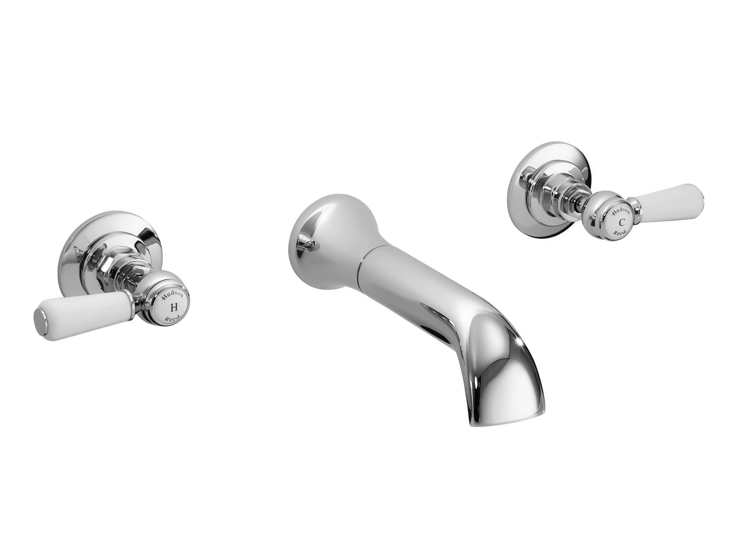 Polished chrome bathroom tap set with traditional cross handles for hot and cold water, designed for elegant Bubly bathrooms.