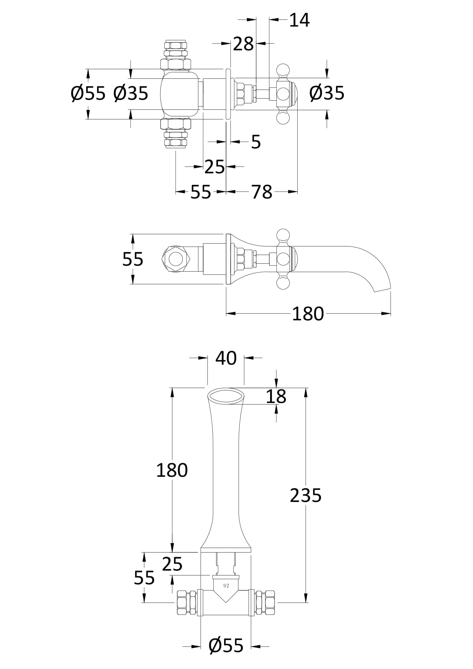 High-quality bathroom tap technical drawing showcasing detailed measurements and specifications for plumbing installations.