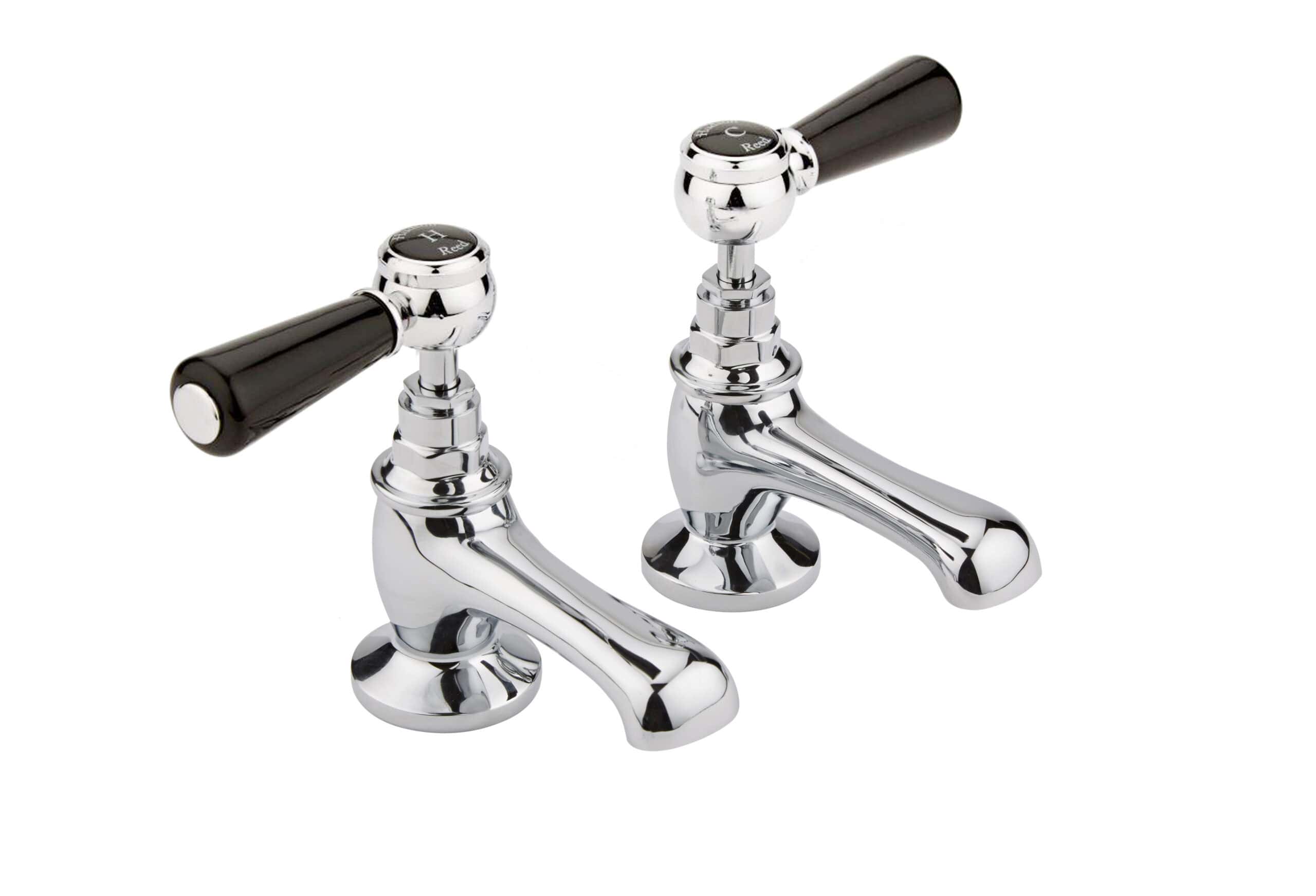 Polished chrome bathroom tap set with black handles, ideal for traditional or vintage-style bathrooms, providing elegant sink or basin fixture.