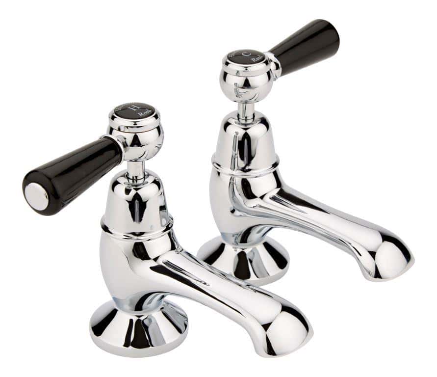 Chrome bathroom taps with black handles, ideal for classic and vintage-style bathroom fixtures. Stylish and functional, these taps enhance bathroom aesthetics and provide reliable water control.