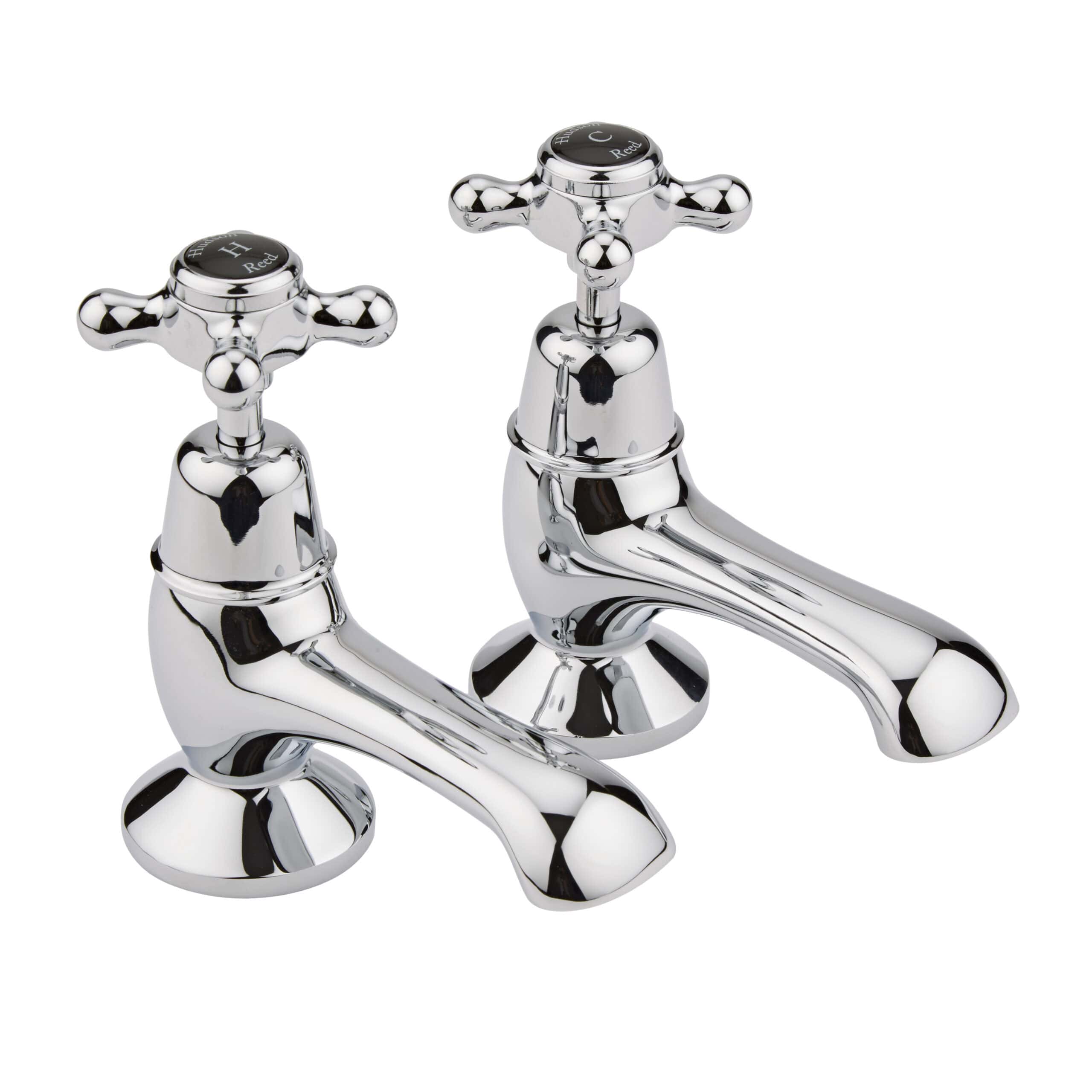 Shiny chrome traditional bathroom basin taps with cross handles, ideal for vintage or classic bathroom designs. Durable, stylish fixtures from Bubly Bathrooms.