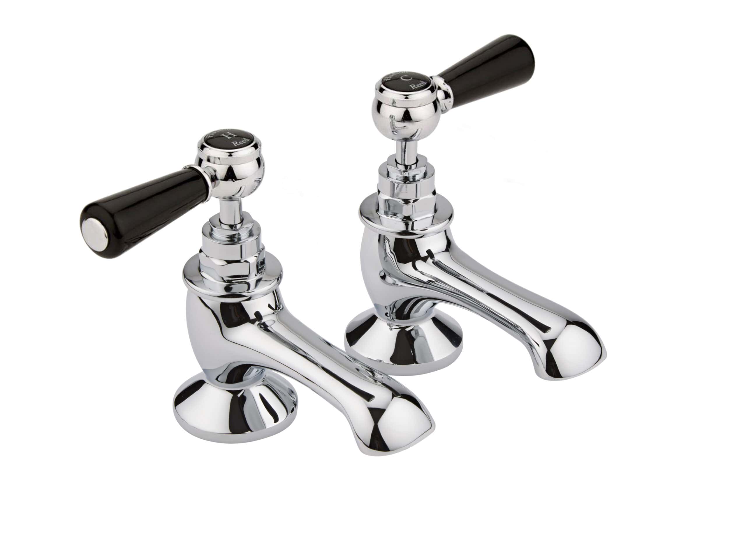 Polished chrome bathroom sink taps with black handles, modern basin mixer faucets for stylish bathroom upgrades.