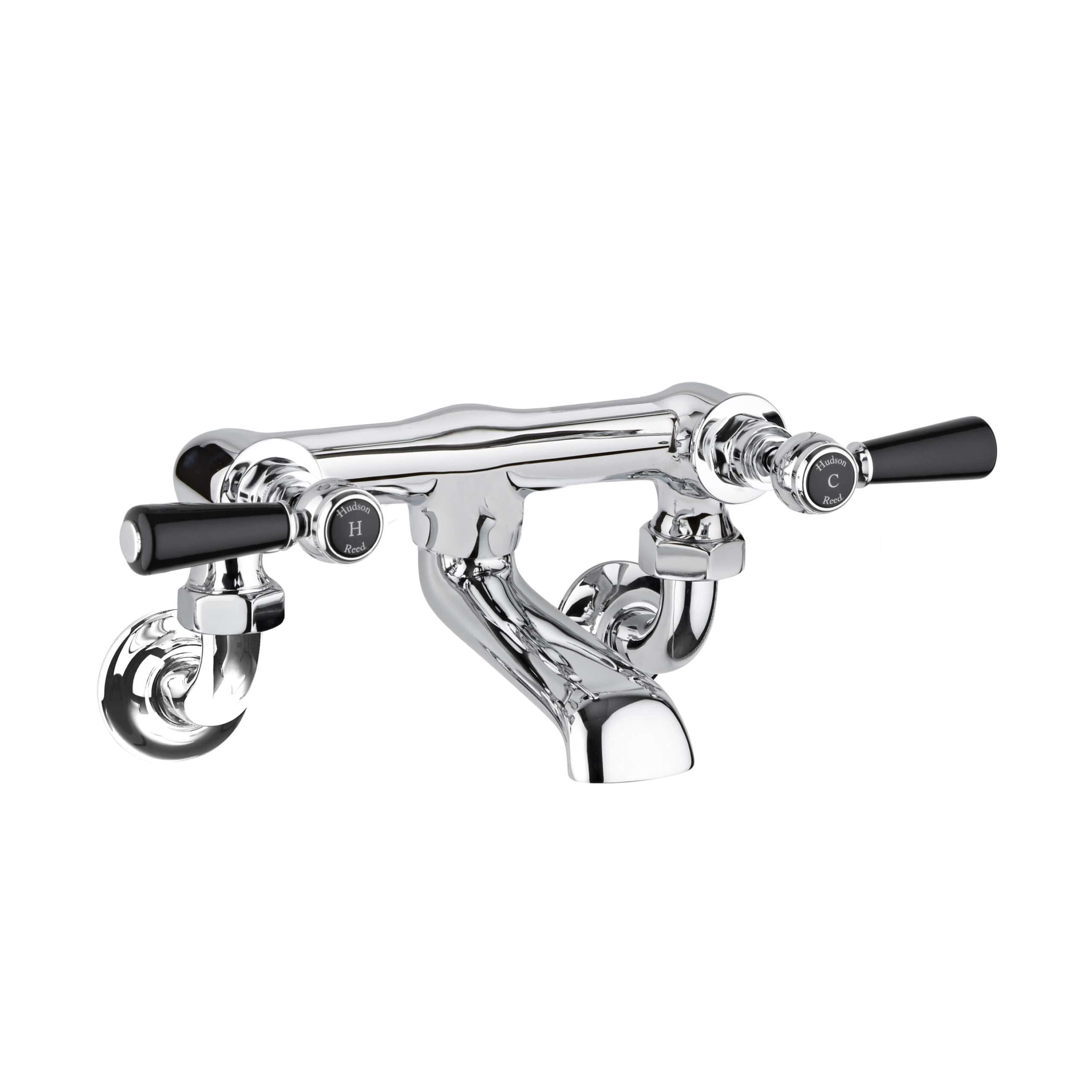 Polished chrome vintage-style bathroom tap with black ceramic handles, ideal for traditional bathroom decor. Features separate hot and cold water controls, perfect for classic bathroom renovation.