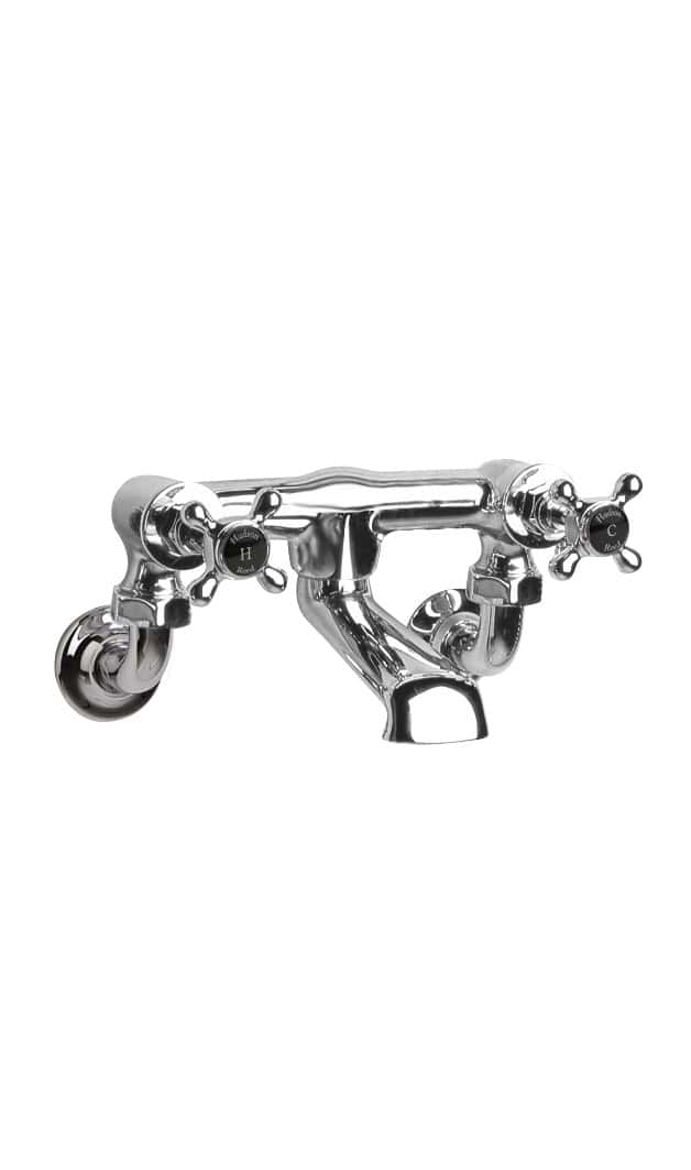 Chrome-plated bathroom tap with dual handles for hot and cold water, designed for elegant bathroom fixtures and plumbing solutions. Perfect for vintage or modern bathroom renovations.